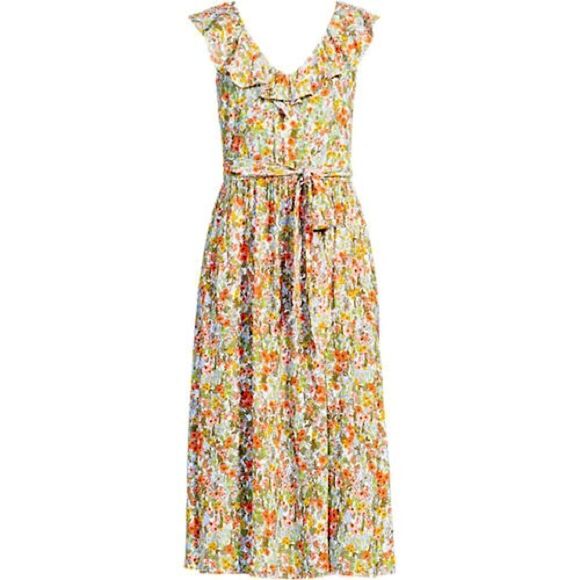 Land's End Dress midi lightweight ruffled collar brown white orange yellow small - Picture 5 of 16